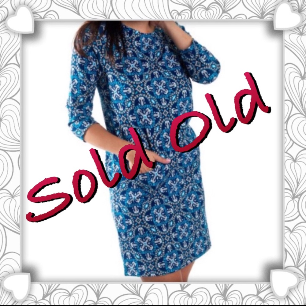 Blue Print Ponte Knit Long Sleeved Dress w/Pocket